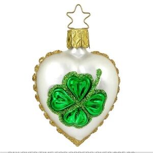 Inge Glass Irish Luck Heart Ornament with Green Clover NWT